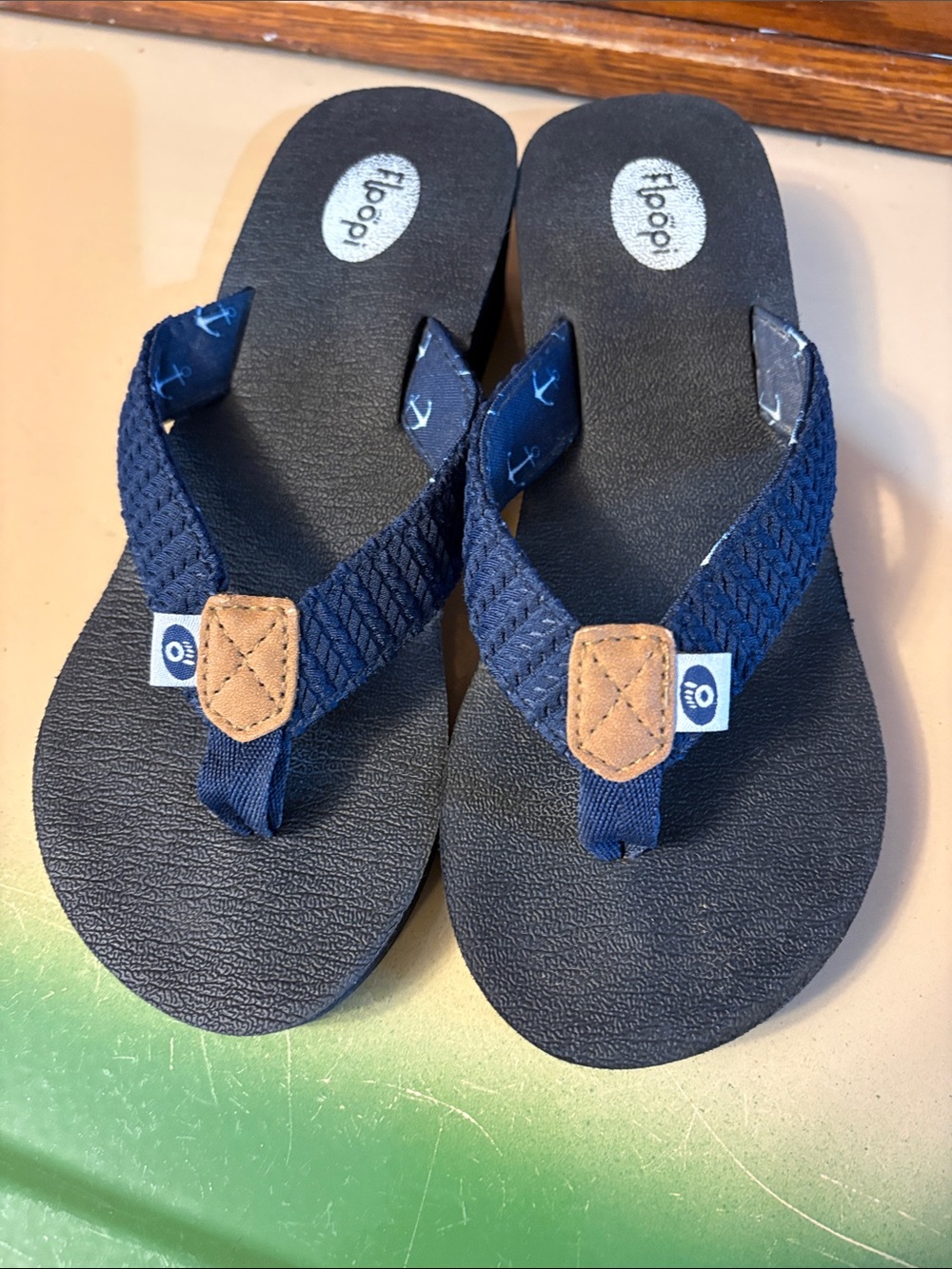 Navy Blue Flip Flops with Tan Accents